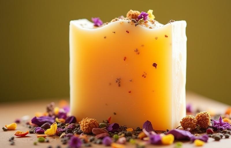 Beautiful handmade soap bar with natural ingredients arranged artfully, showing texture and natural light.