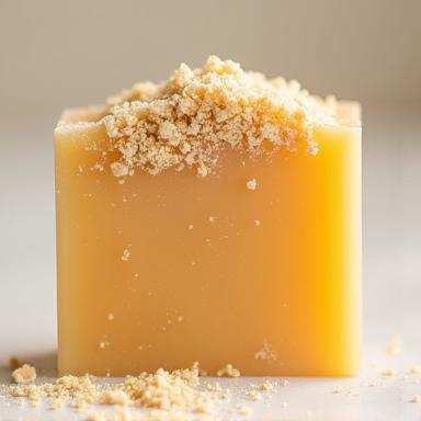 Handmade soap bar with visible exfoliating particles, designed for gentle exfoliation.