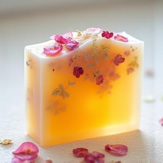Handmade soap bar with dried flower petals embedded, showcasing natural beauty.